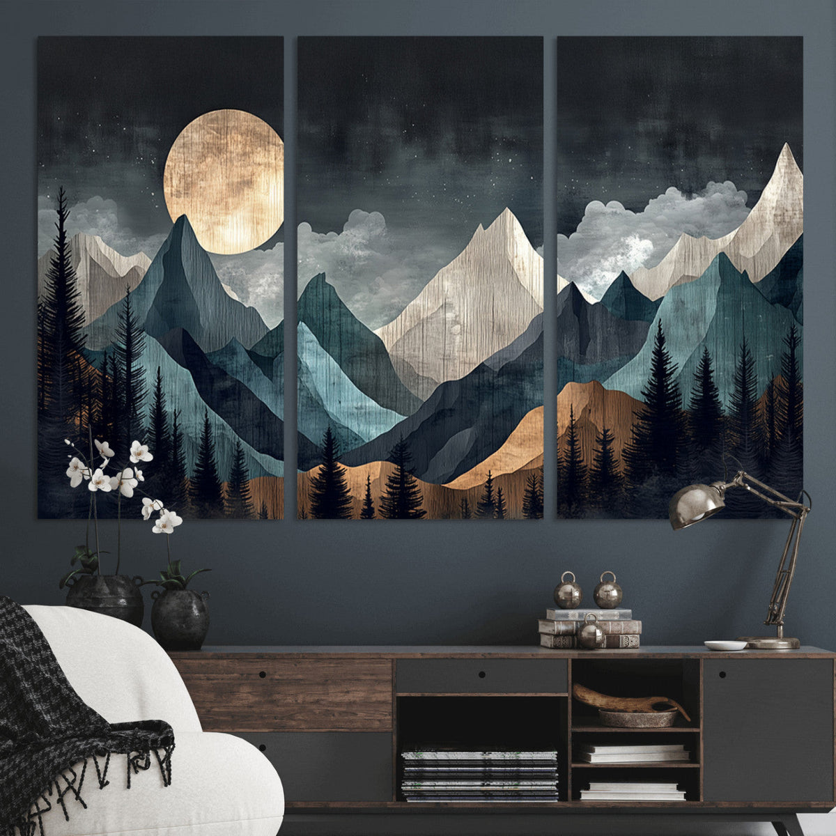 Moonlit Mountain Wall Art Canvas Print, Framed Silhouetted Pines Art, Layered Peaks Rustic Decor