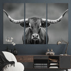 Texas Longhorn Wall Art Canvas Print, Framed Western Bull Photography, Rustic Log Cabin Decor