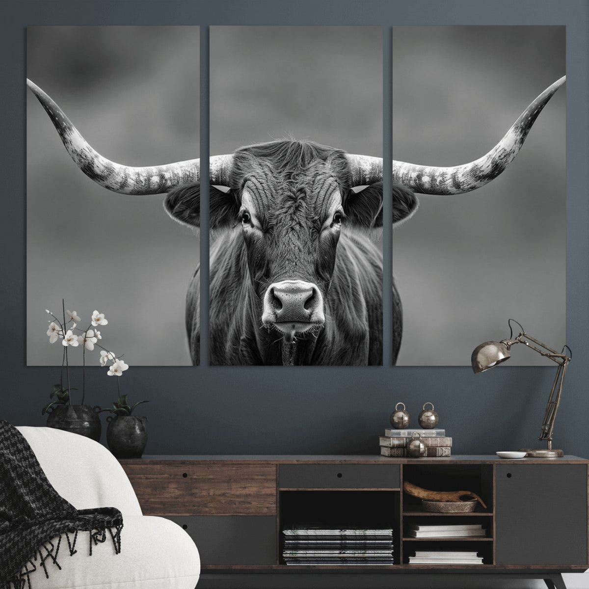 Texas Longhorn Wall Art Canvas Print, Framed Western Bull Photography, Rustic Log Cabin Decor