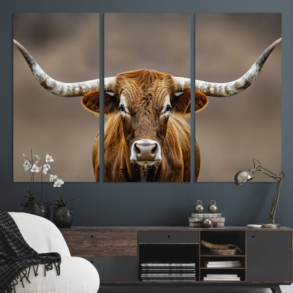 Texas Longhorn Wall Art Canvas Print | Rustic Brown Bull Western Decor