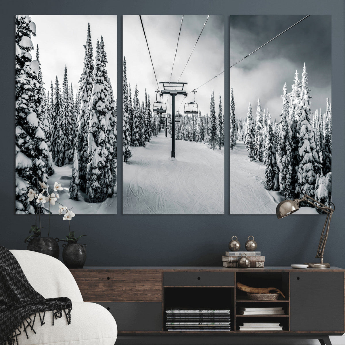 Snowy Pines Wall Art Canvas Print | Ski Lift in a Winter Forest