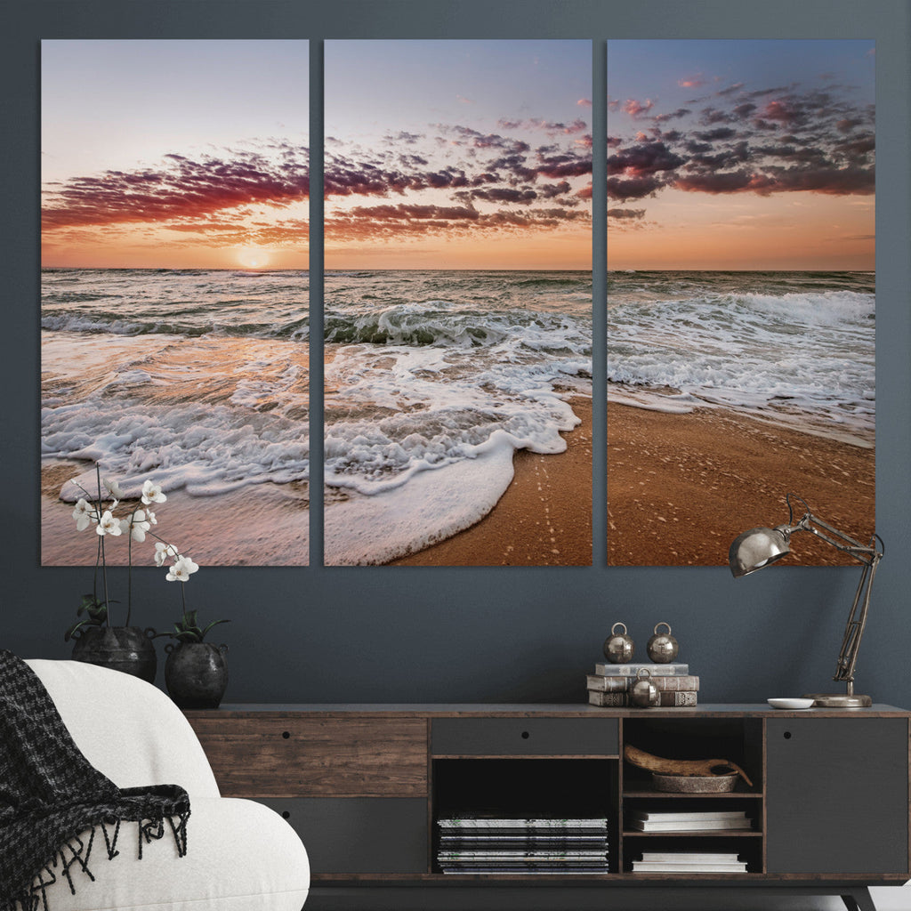 Ocean Sunset Wall Art Canvas Print | Sandy Shore and Gentle Waves