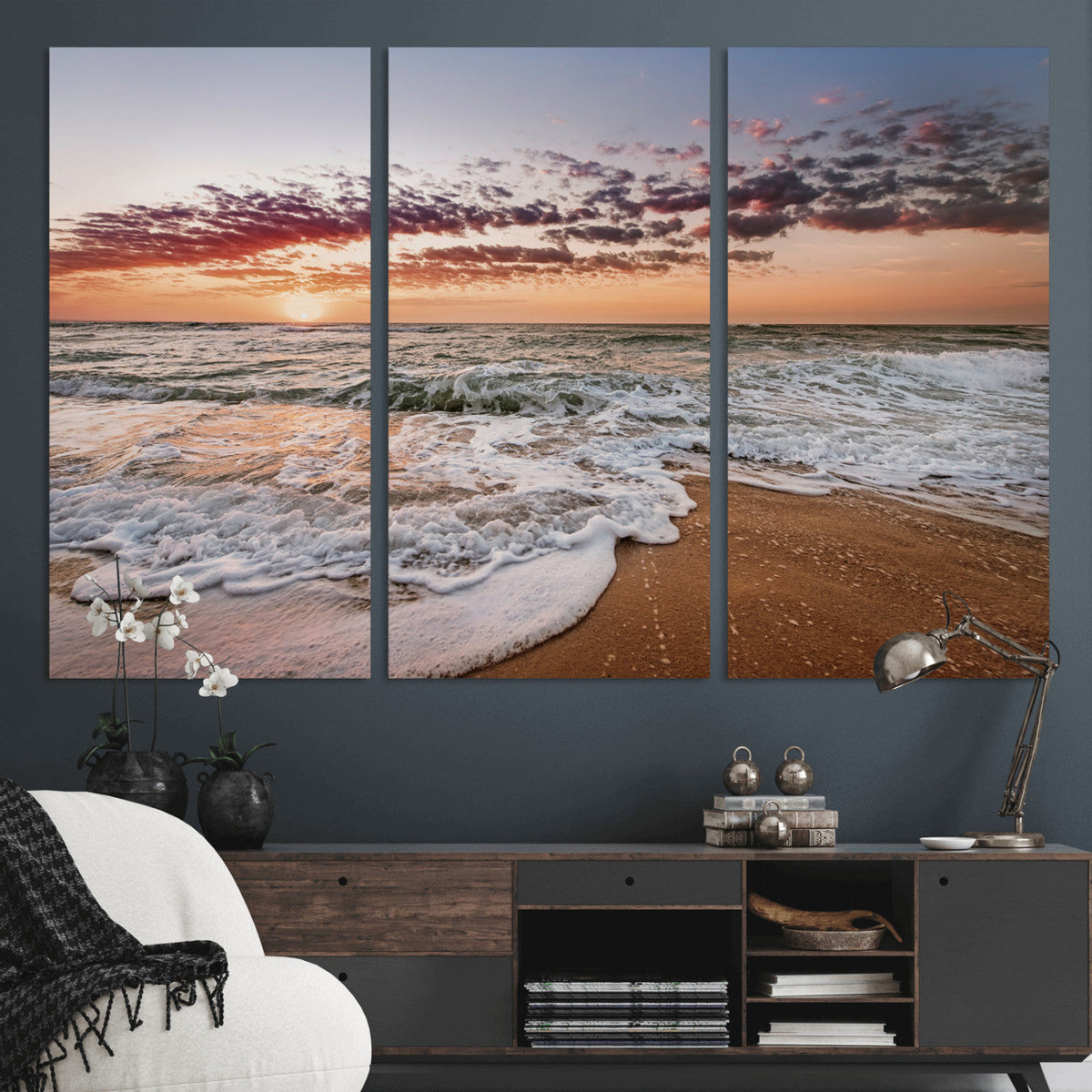 Ocean Sunset Wall Art Canvas Print | Sandy Shore and Gentle Waves