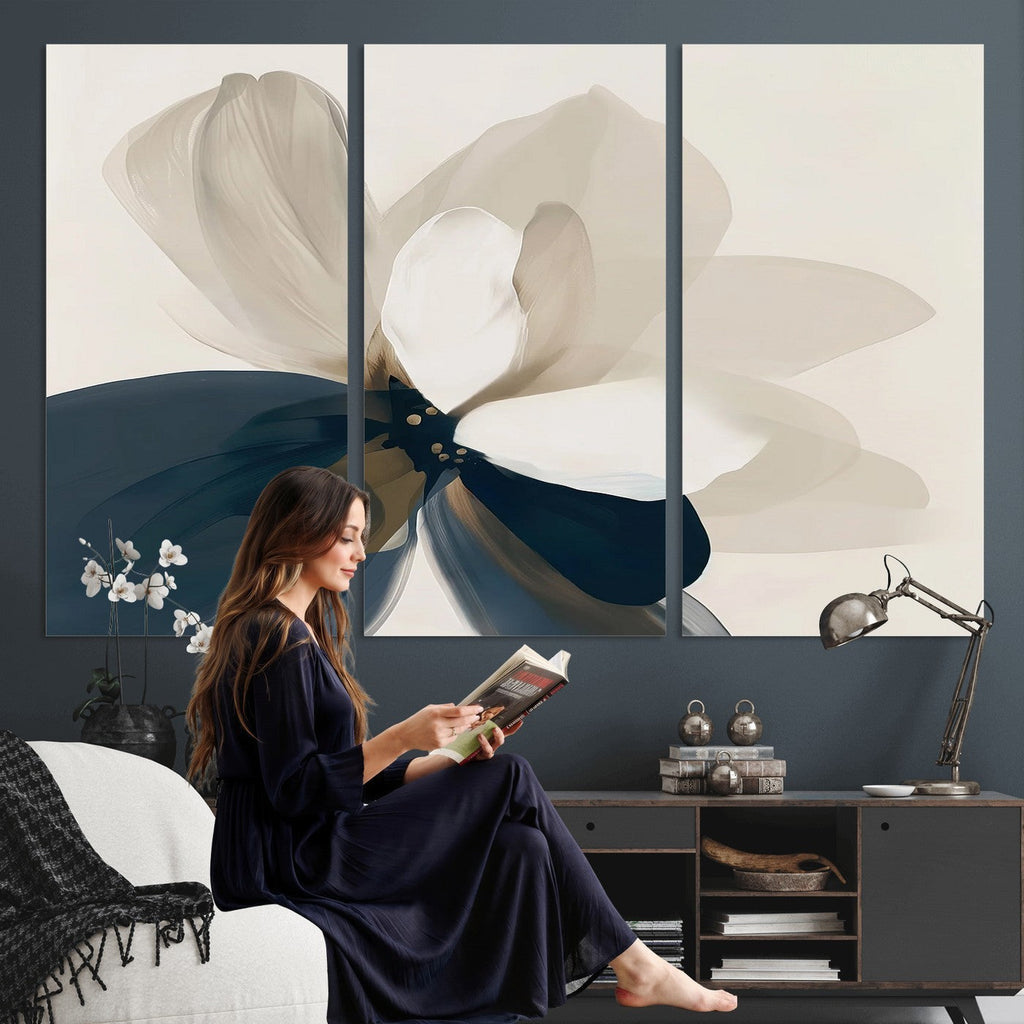 Minimal Flower Wall Art Canvas Print | Framed Beige and Navy Bloom