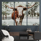Texas Longhorn Wall Art Canvas Print | Framed Spotted Brown and White Bull