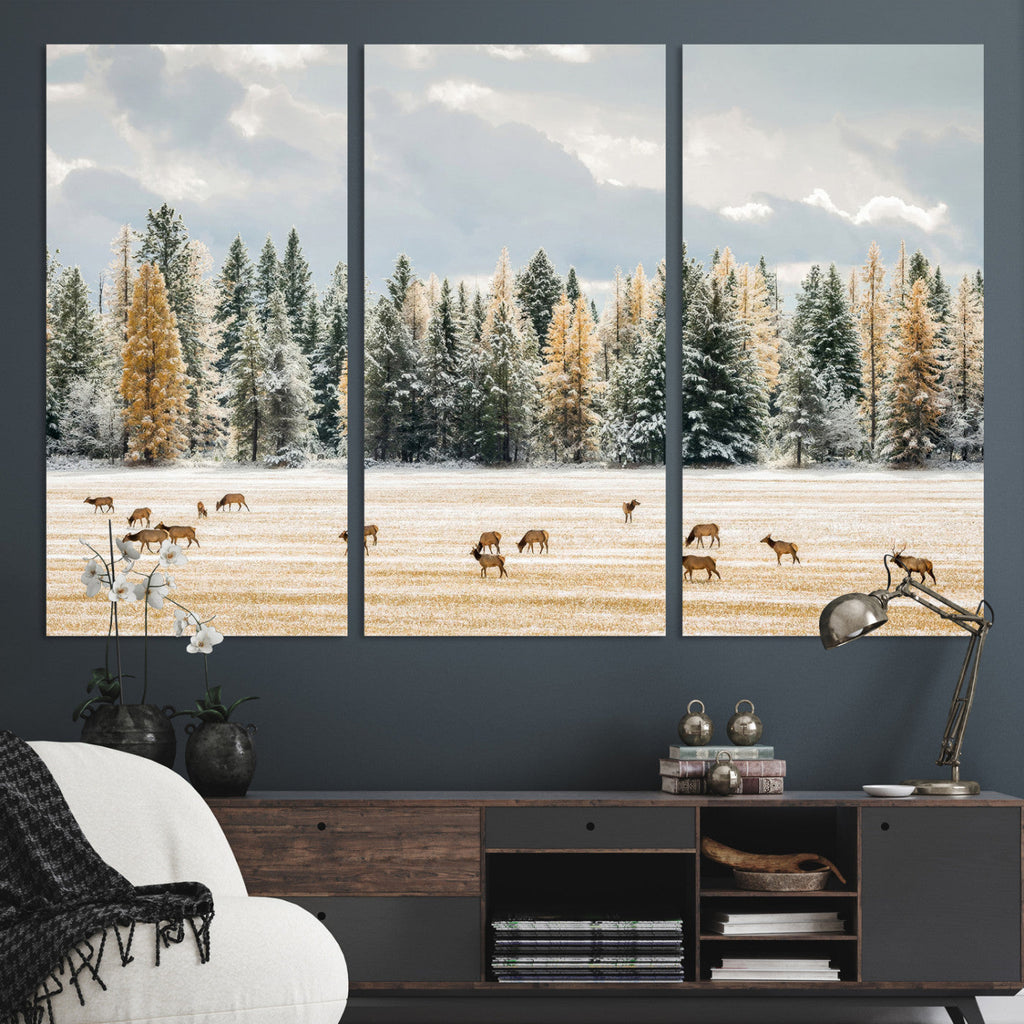 Elk Herd Wall Art, Framed Snowy Forest Canvas Artwork