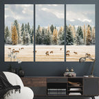 Elk Herd Wall Art, Framed Snowy Forest Canvas Artwork