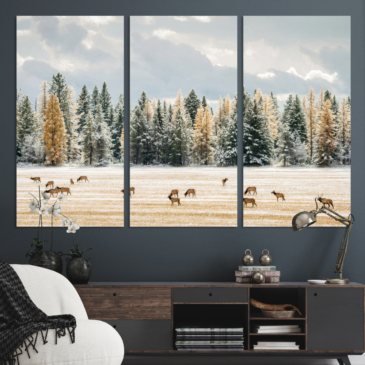 Elk Herd Wall Art, Framed Snowy Forest Canvas Artwork