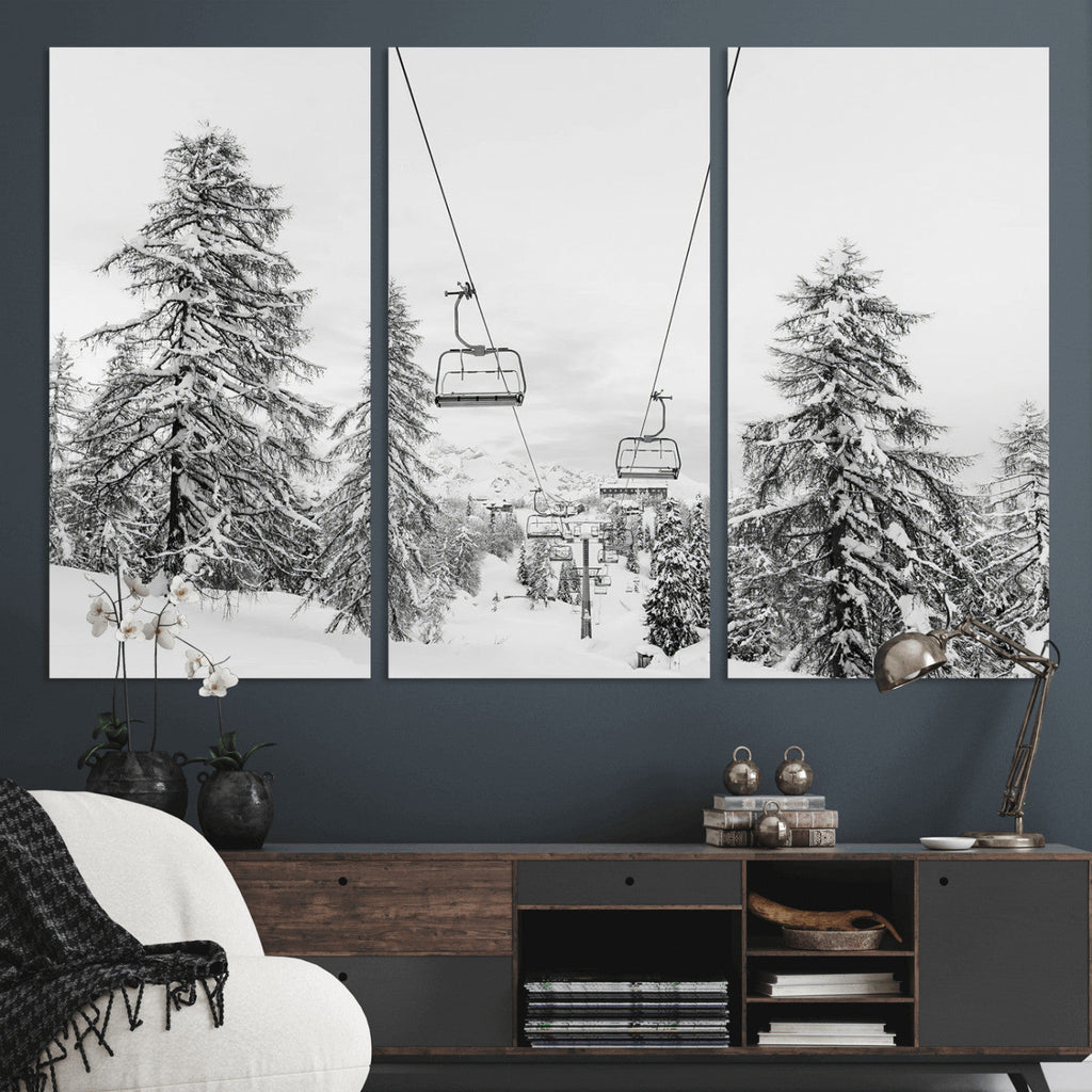 Snowy Ski Lift Wall Art | Framed Winter Forest Canvas