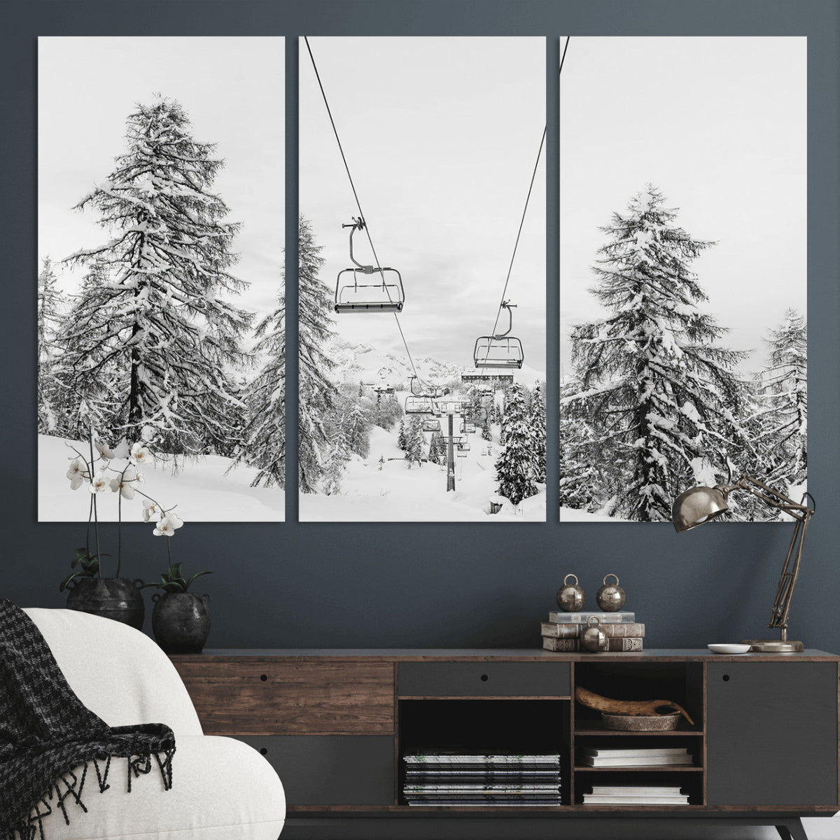 Snowy Ski Lift Wall Art | Framed Winter Forest Canvas