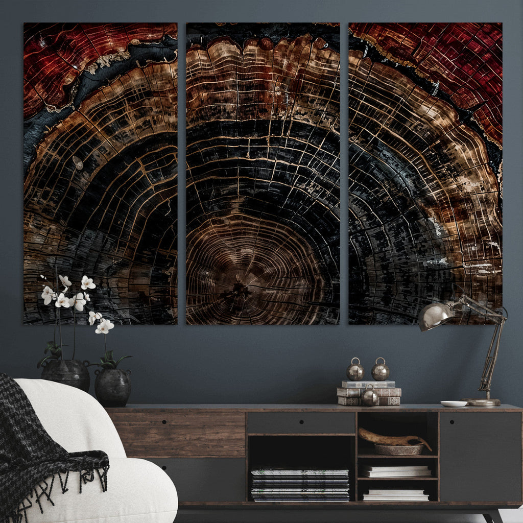 Dark Wood Ring Wall Art Canvas Print, Framed Abstract Tree Slice Print, Rustic Wood Grain Decor