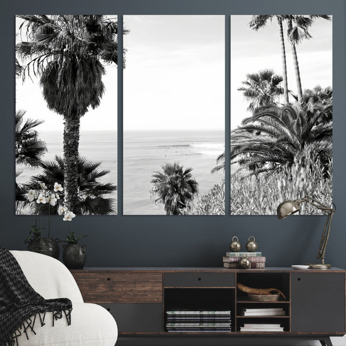 Palm Trees Wall Art Canvas Print, Framed Coastal Ocean Horizon Monochrome Art