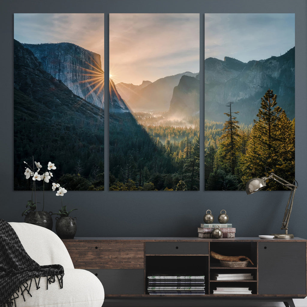Yosemite Valley Wall Art Canvas Print, Framed Mountain Landscape National Park Art
