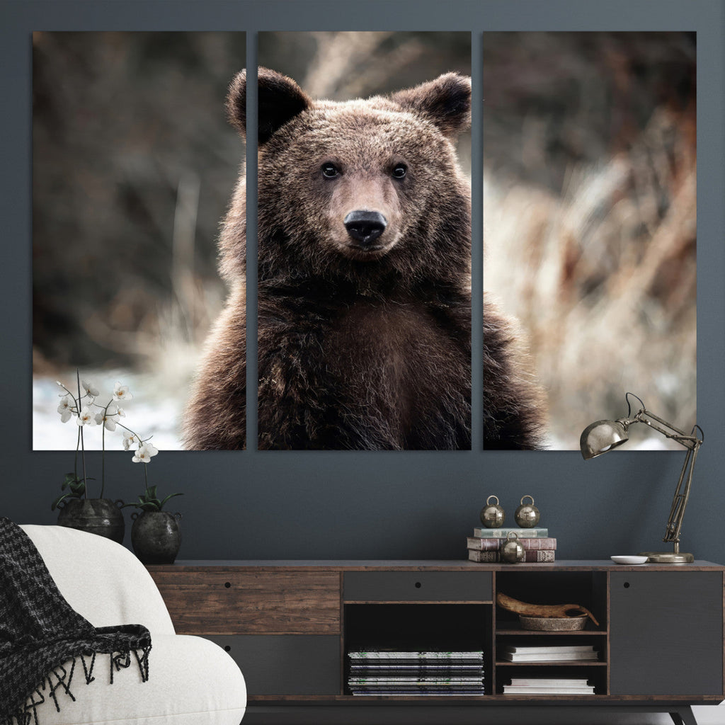 Brown Bear Wall Art Canvas Print, Framed Majestic Woodland Wildlife Cabin Art