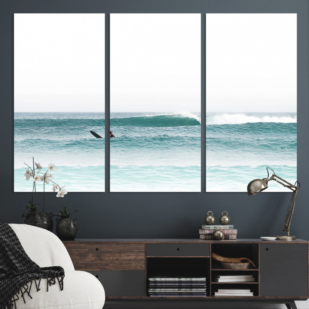 Surfing Wall Art Canvas Print, Framed Minimalist Ocean Waves Beach Art
