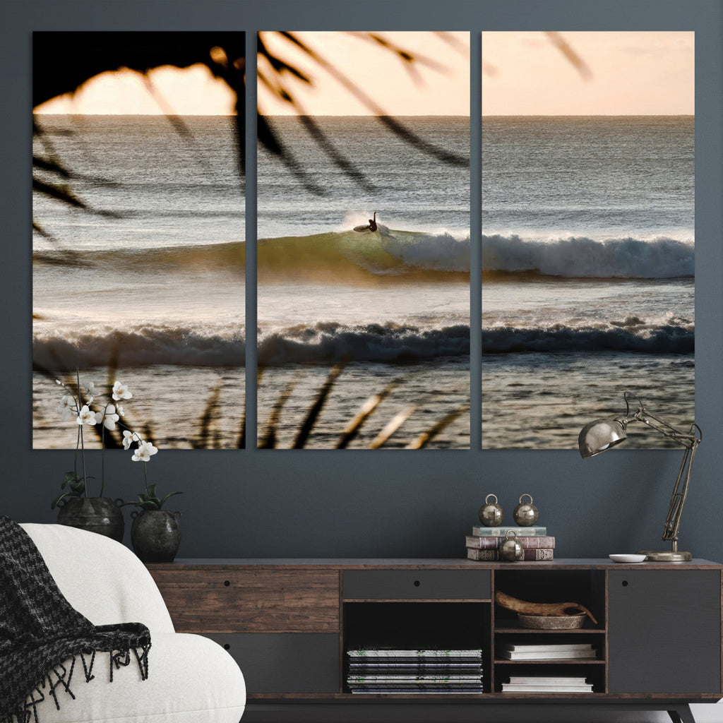 Sunset Surf Wall Art Canvas Print, Framed Golden Hour Waves Boho Beach Art