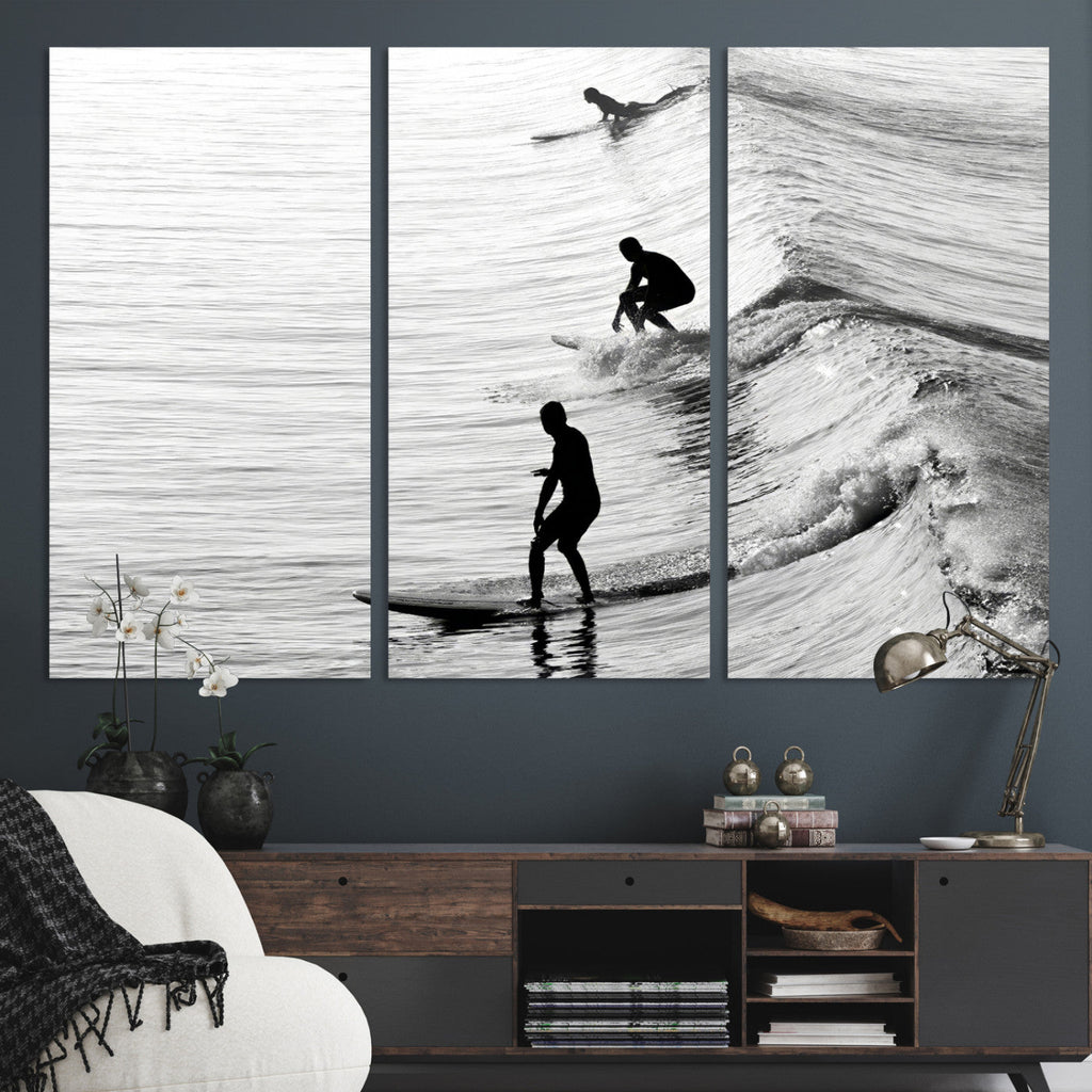 Surfers on Waves Wall Art Canvas Print | Framed Black and White Surf