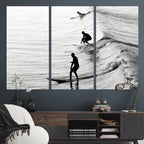 Surfers on Waves Wall Art Canvas Print | Framed Black and White Surf