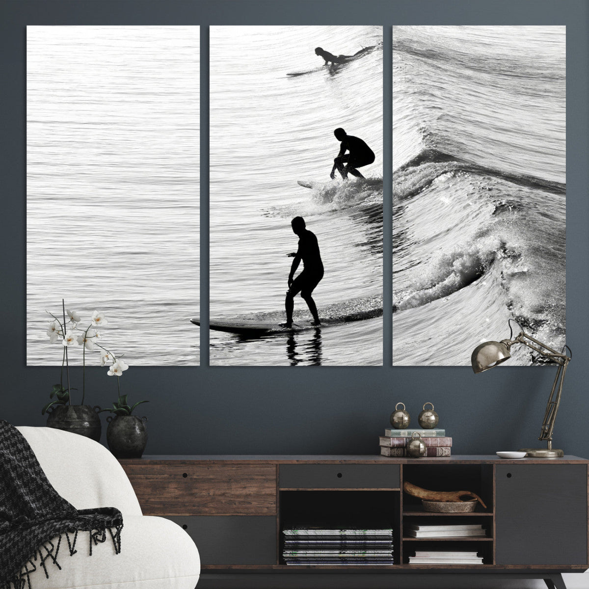 Surfers on Waves Wall Art Canvas Print | Framed Black and White Surf