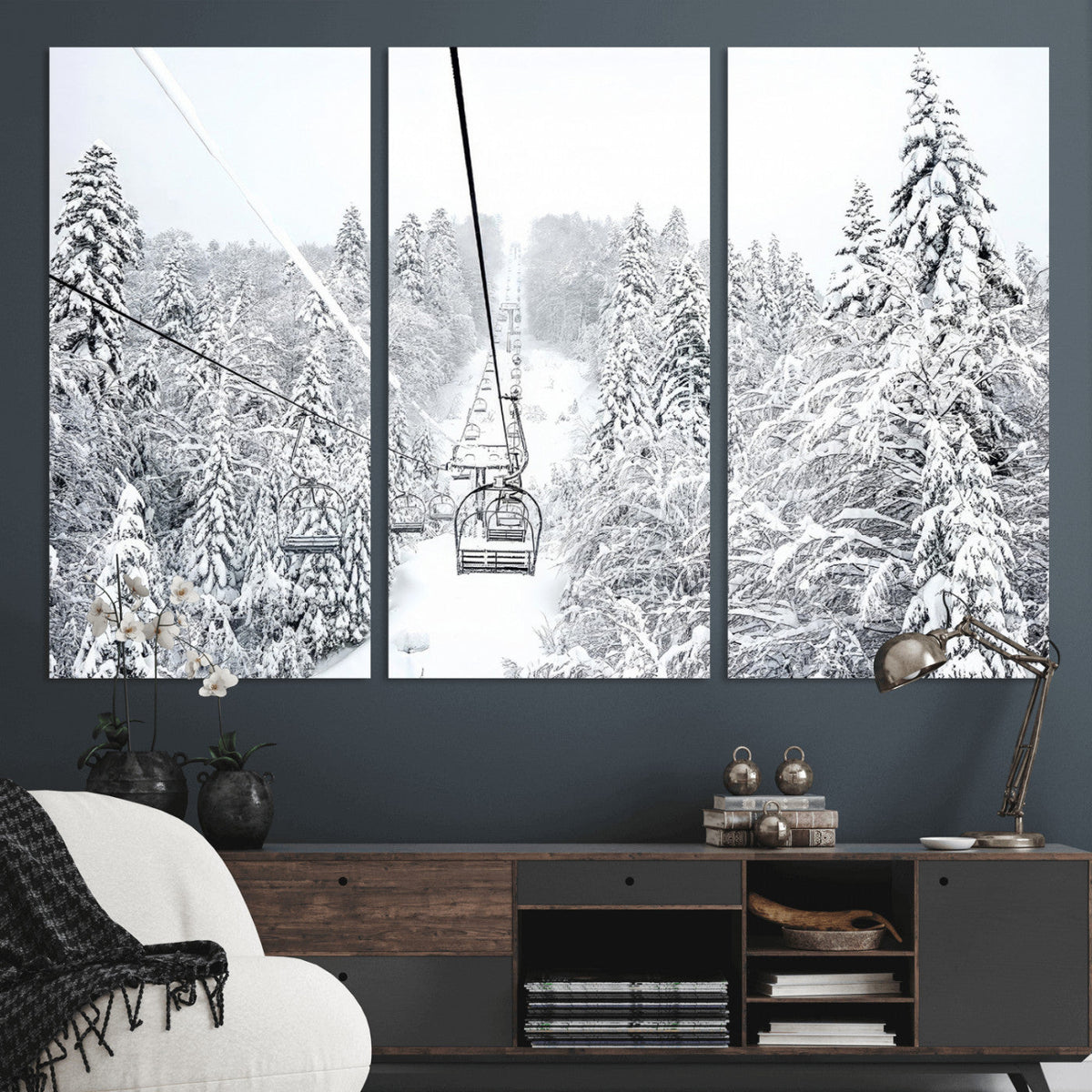 Snowy Ski Lift Wall Art | Framed Winter Mountain Canvas
