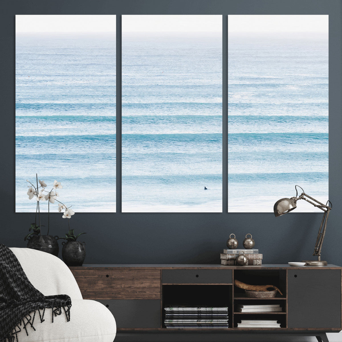 Ocean Wave Surfer Wall Art | Framed Minimal Seascape Canvas