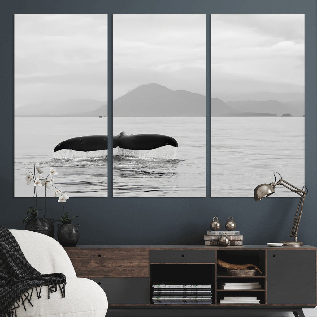 Whale Tail Wall Art | Framed Black White Ocean Canvas