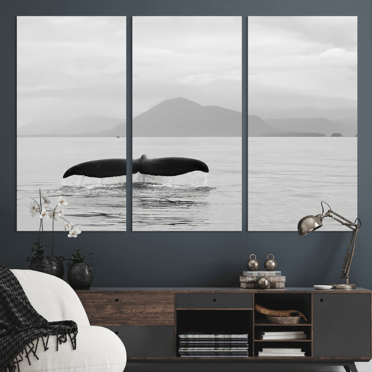 Whale Tail Wall Art | Framed Black White Ocean Canvas