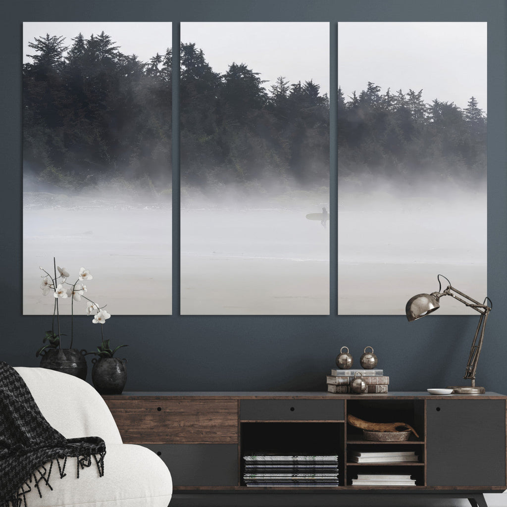 Surfer Fog Wall Art Canvas Print, Framed Foggy Beach and Coastal Surf Scene