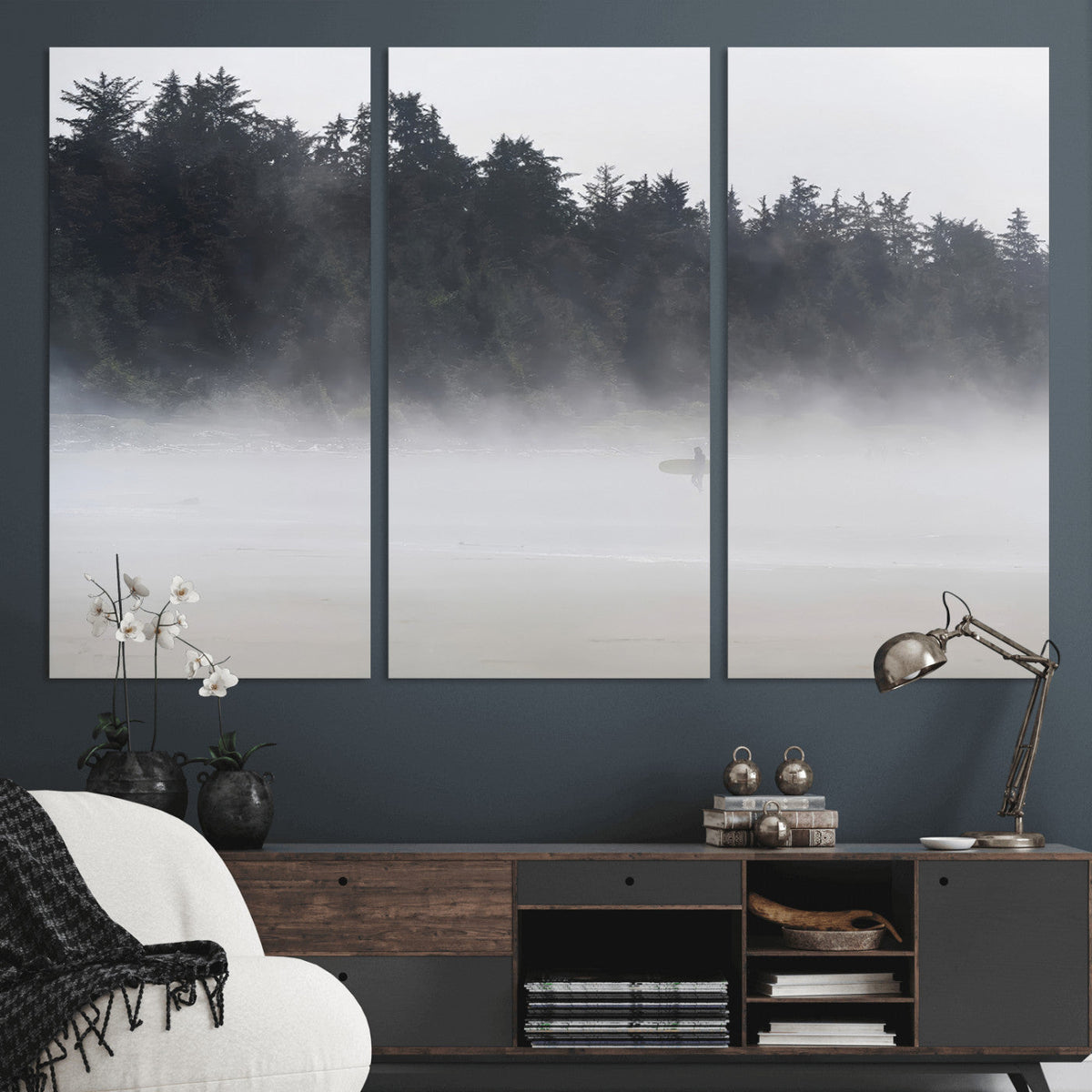 Surfer Fog Wall Art Canvas Print, Framed Foggy Beach and Coastal Surf Scene