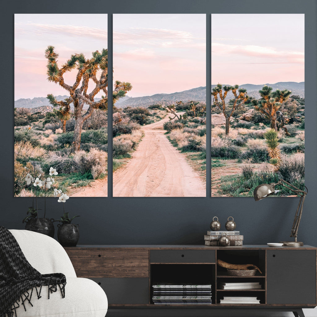 Joshua Tree Wall Art Canvas Print, Framed Desert Road Scene at Sunset