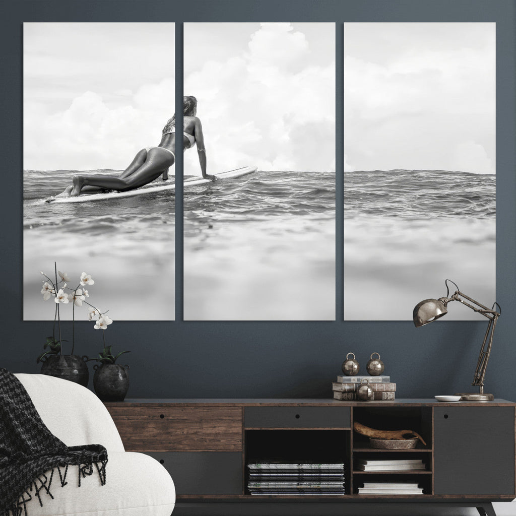 Black and White Surfing Wall Art Canvas Print, Framed Ocean Horizon Surfer Girl