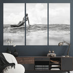 Black and White Surfing Wall Art Canvas Print, Framed Ocean Horizon Surfer Girl