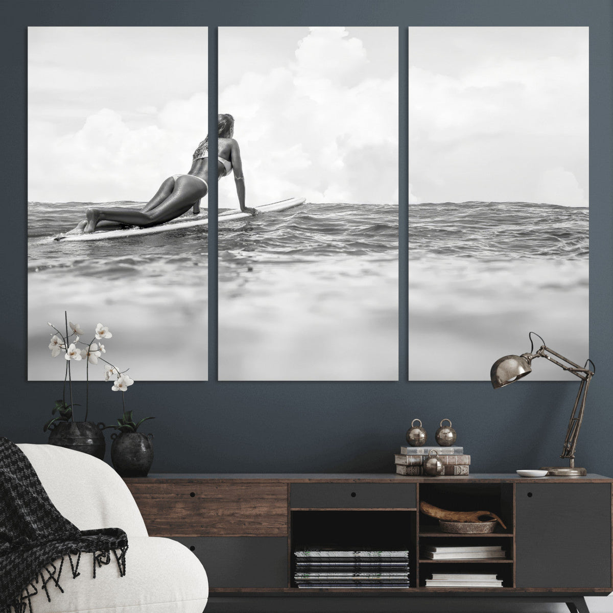 Black and White Surfing Wall Art Canvas Print, Framed Ocean Horizon Surfer Girl