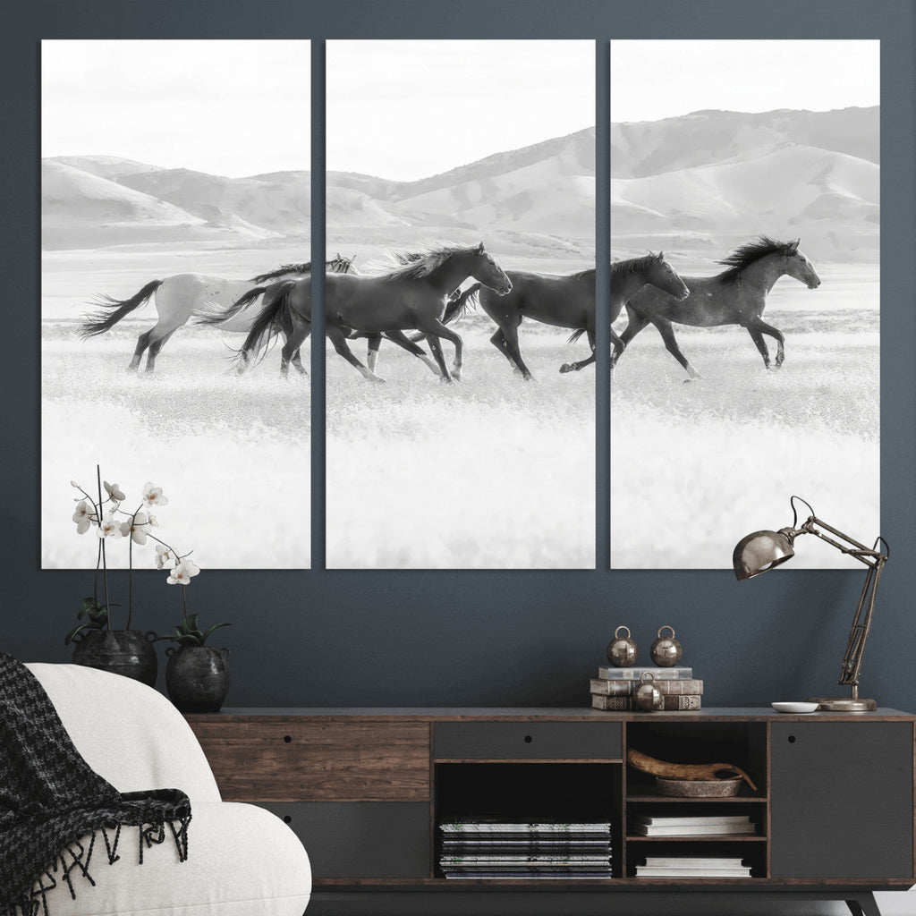 Wild Horses Running Wall Art Canvas Print, Framed Black White Mustangs Artwork