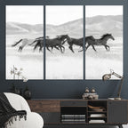 Wild Horses Running Wall Art Canvas Print, Framed Black White Mustangs Artwork