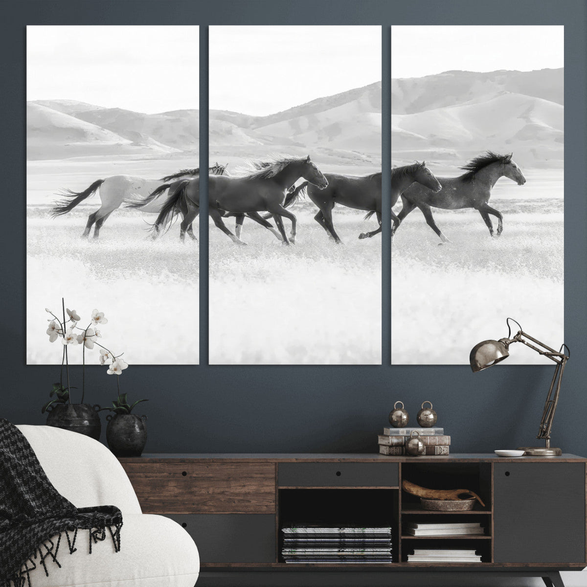 Wild Horses Running Wall Art Canvas Print, Framed Black White Mustangs Artwork