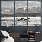 Wild Horses Wall Art | Framed Black White Mountain Canvas