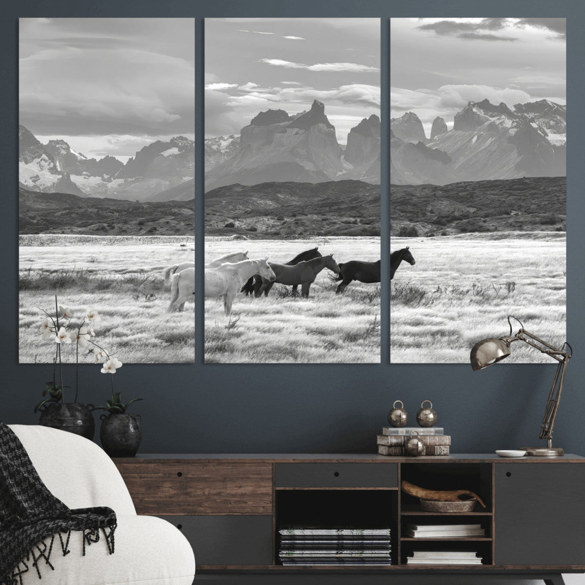 Wild Horses Wall Art | Framed Black White Mountain Canvas