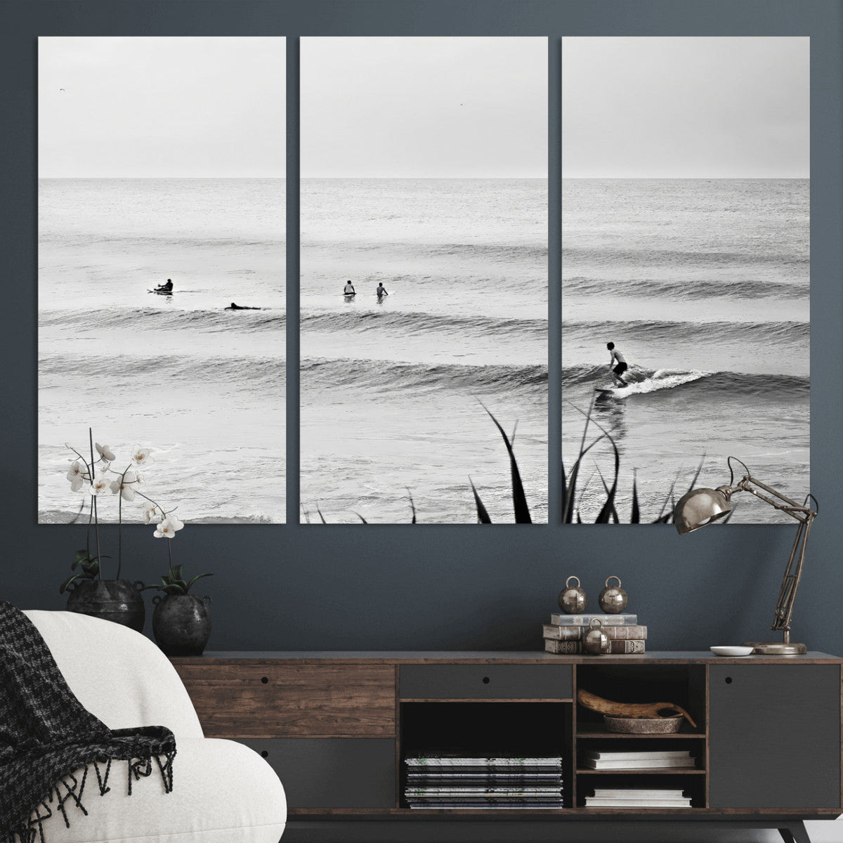 Surfer Silhouette Wall Art | Framed Calm Ocean Canvas