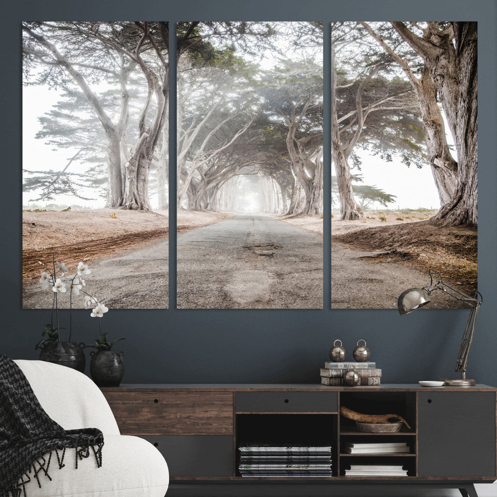 Cypress Tunnel Wall Art | Framed Misty Road Canvas Artwork