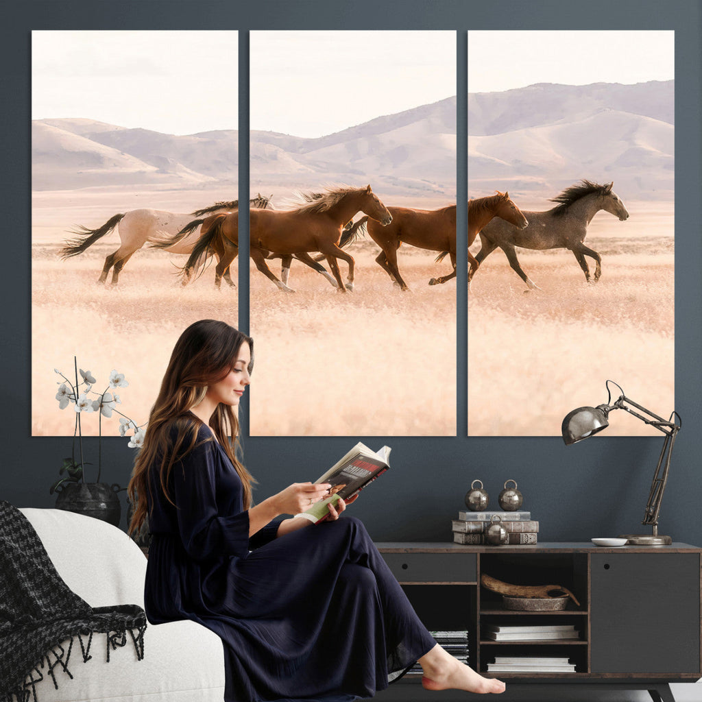 Wild Horse Wall Art Canvas Print, Framed Rustic Western Art, Desert Horse Scene