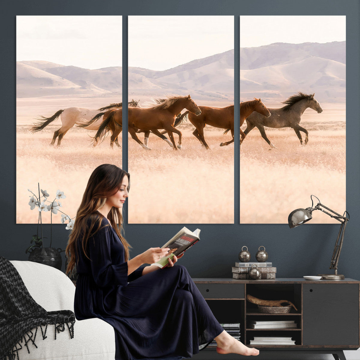Wild Horse Wall Art Canvas Print, Framed Rustic Western Art, Desert Horse Scene