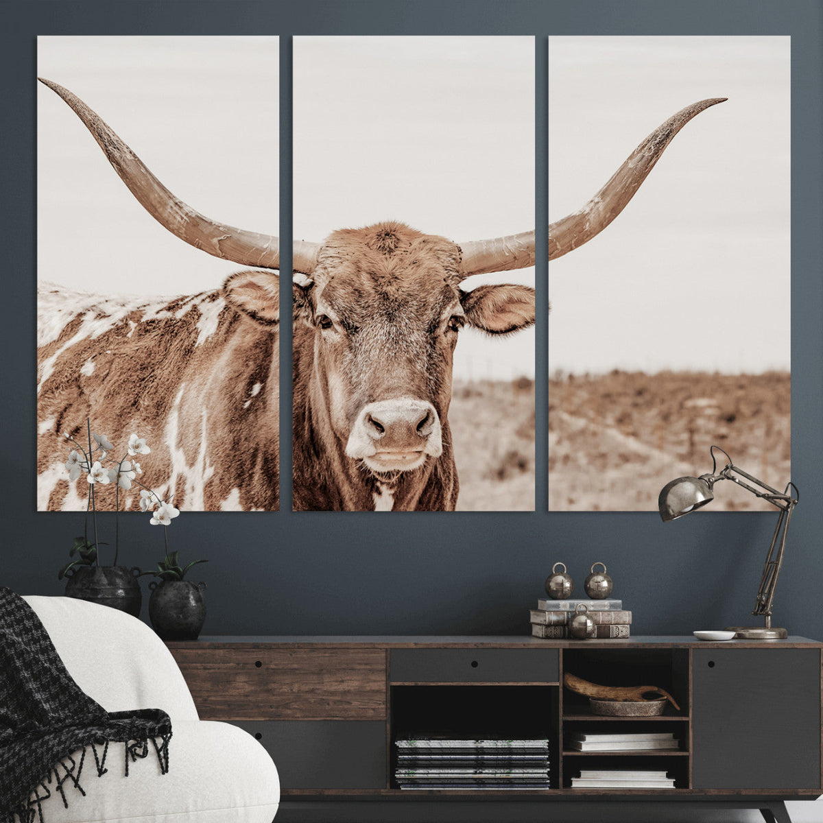 Longhorn Cow Wall Art Canvas Print, Framed Texas Ranch Print, Western Bull Art, Cowboy Decor