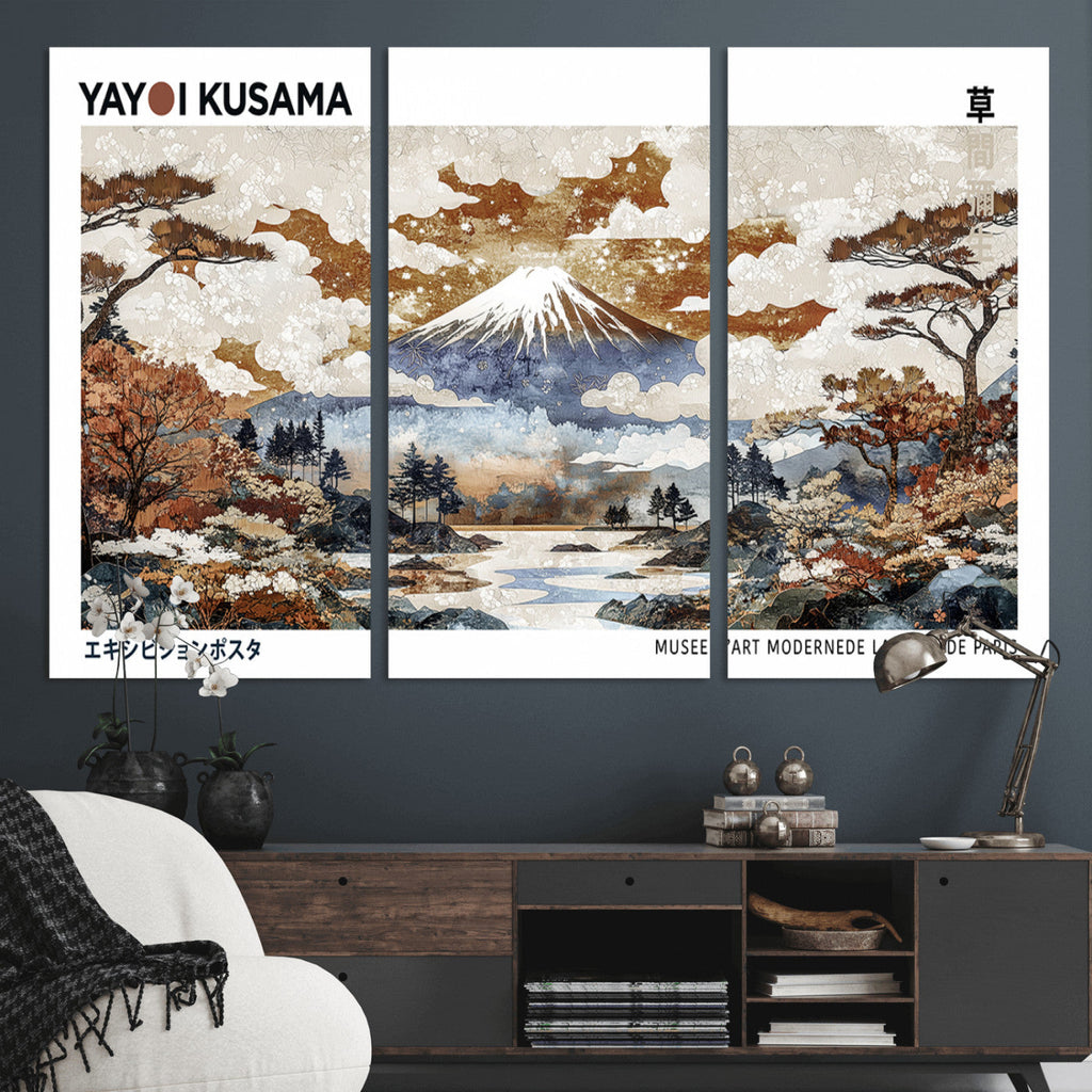 Modern Japanese Mount Fuji Canvas Art Print, Yayoi Kusama Wall Art, Framed Abstract Japanese Landscape