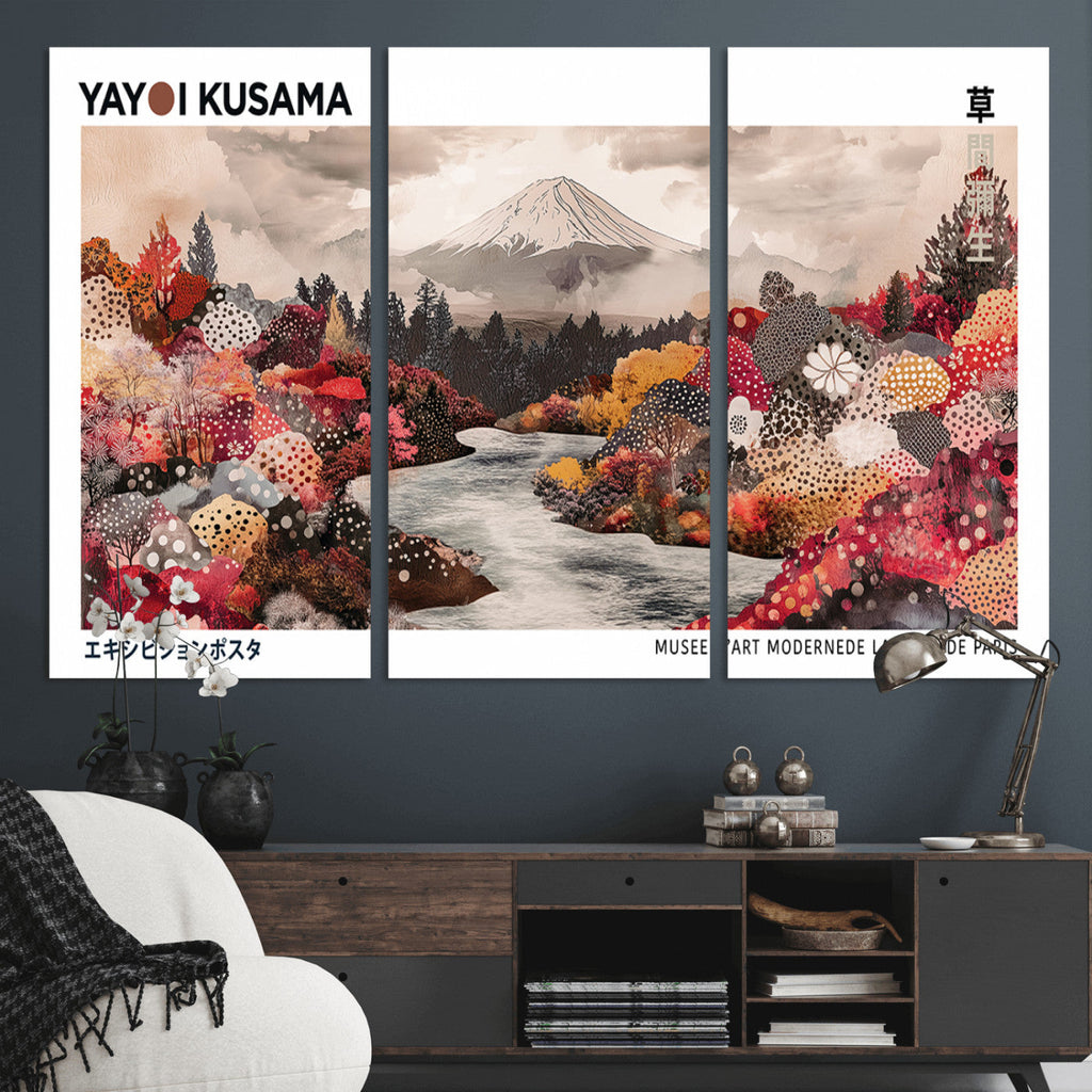 Modern Japanese Wall Art Canvas Print, Framed Abstract Mount Fuji Art, Yayoi Kusama Japanese Landscape