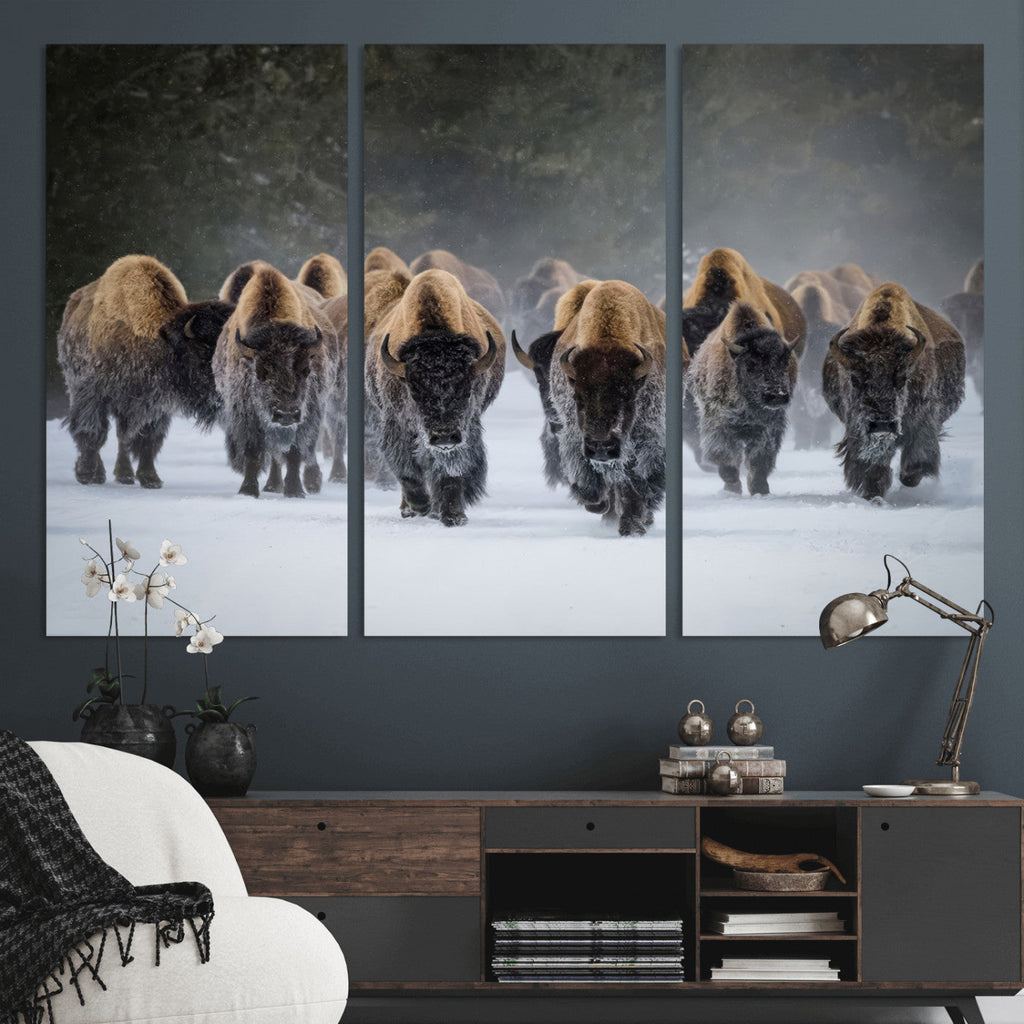Bison Herd Wall Art Canvas Print, Framed Rustic Wildlife Decor, Snowy Bison Landscape