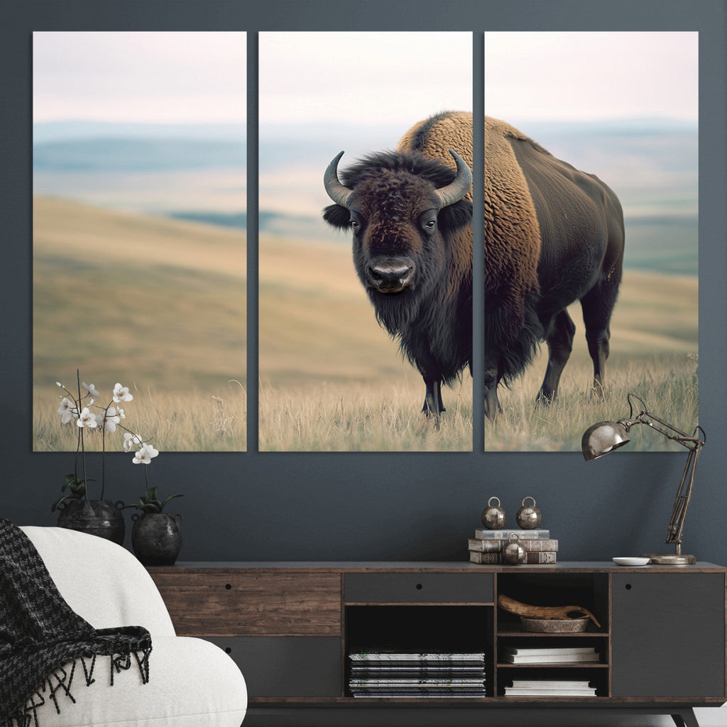 Bison Wall Art Canvas Print, Framed American Buffalo Rustic Western Artwork