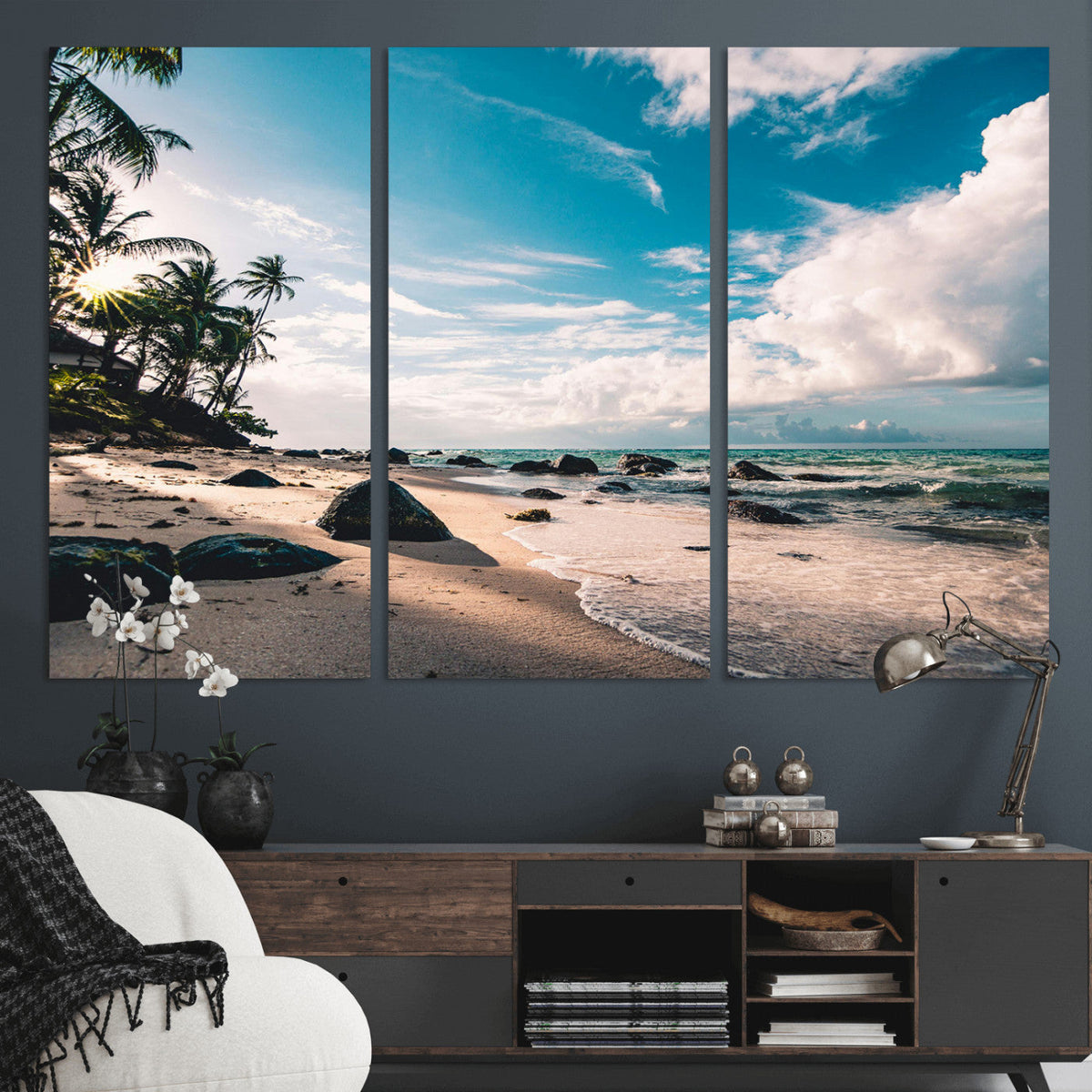 Tropical Beach Wall Art Canvas Print, Framed Ocean Waves Relaxing Seascape