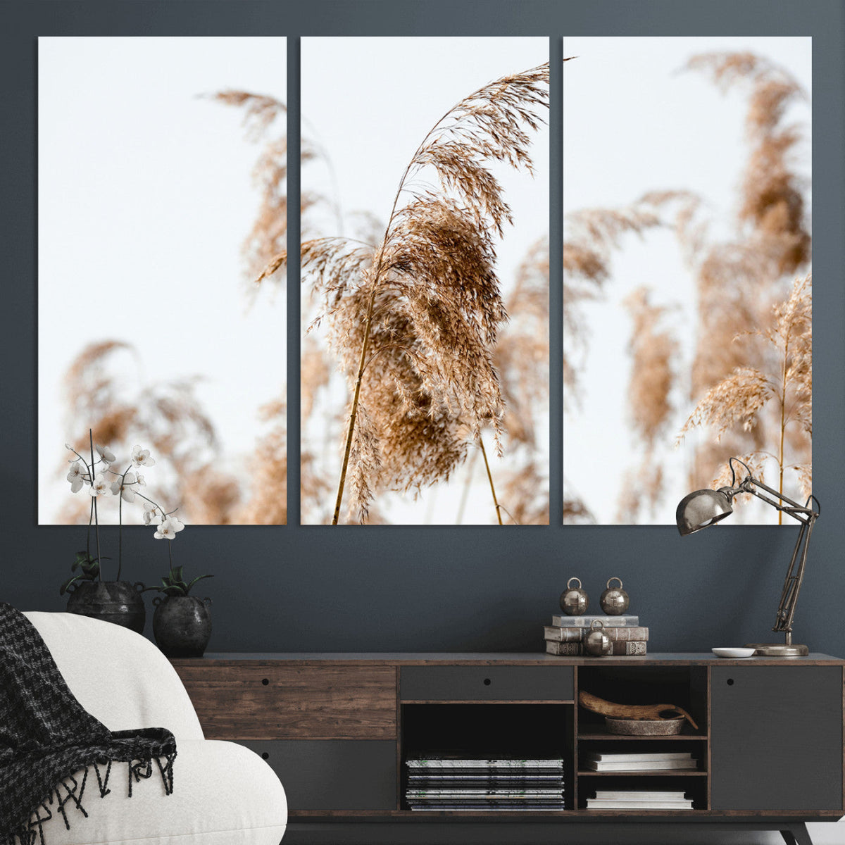 Pampas Grass Wall Art Canvas Print, Framed Neutral Tones Minimalist Boho