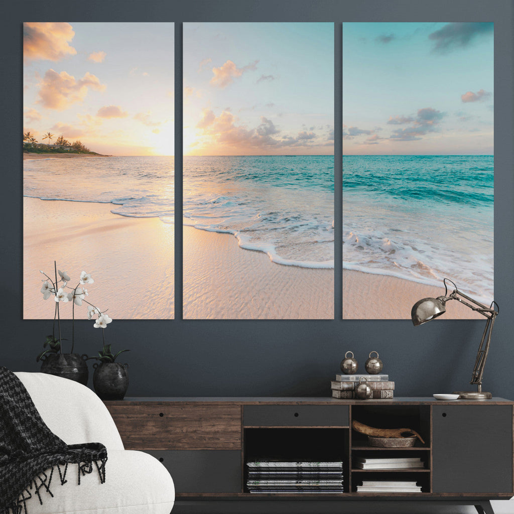 Beach Sunset Wall Art Canvas Print, Framed Ocean Waves Summer Escape